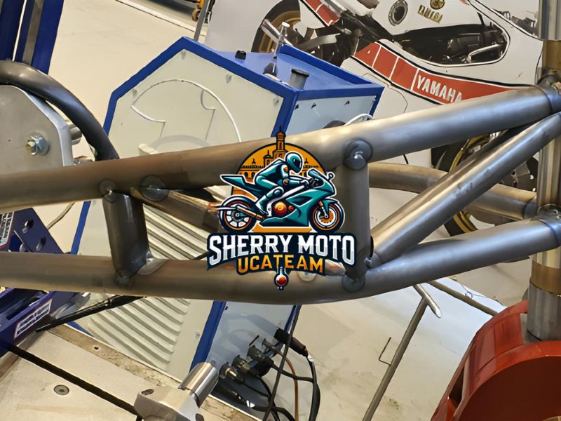 Imagen que muestra el avance en la construcción de la motocicleta Sherry Moto, desde el ensamblaje inicial hasta los detalles finales.