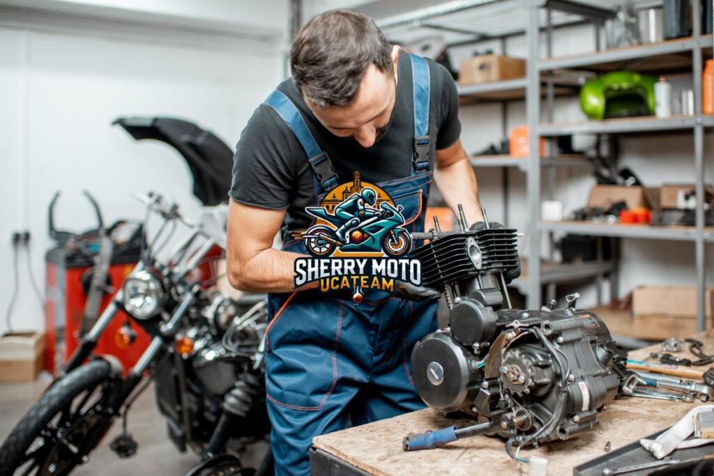 Imagen del chasis de la motocicleta Sherry Moto en proceso de ensamblaje, con detalles de soldadura y ajustes estructurales.