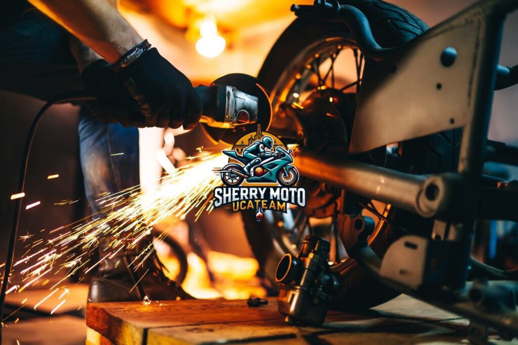 Imagen del equipo instalando el motor y otros componentes en la motocicleta Sherry Moto, dando forma al proyecto.