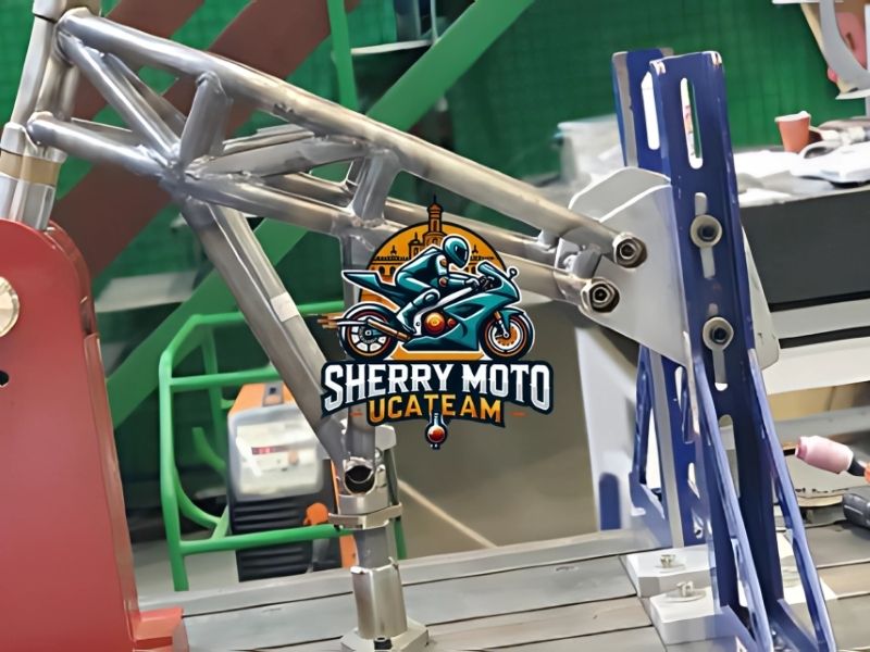 Vista del chasis de la motocicleta Sherry Moto en proceso de fabricación, con avances en la estructura metálica y detalles de soldadura.