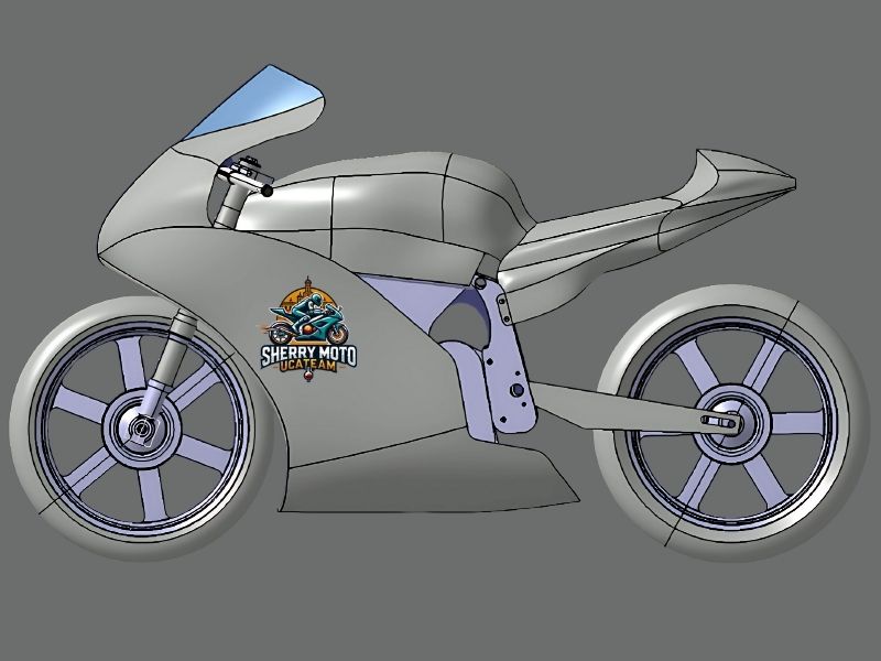 Render 3D mejorado de la motocicleta Sherry Moto, con ajustes en la aerodinámica, chasis y ergonomía.