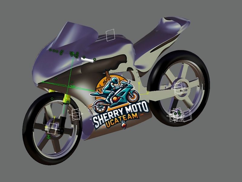 Vista en 3D del diseño inicial de la motocicleta Sherry Moto, mostrando la estructura básica y la distribución de componentes.