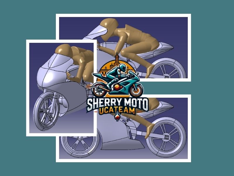 Render 3D de la motocicleta Sherry Moto visto desde el frente, destacando el carenado y sistema de iluminación.